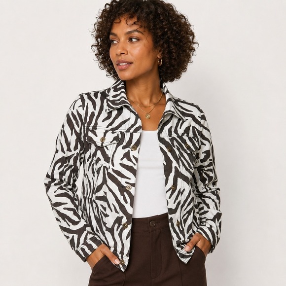 DG2 by Diane Gilman Jackets & Blazers - DG2 Diane Gilman Jacket XS Brown Ivory Trucker Stretch Animal Zebra Print Y2K